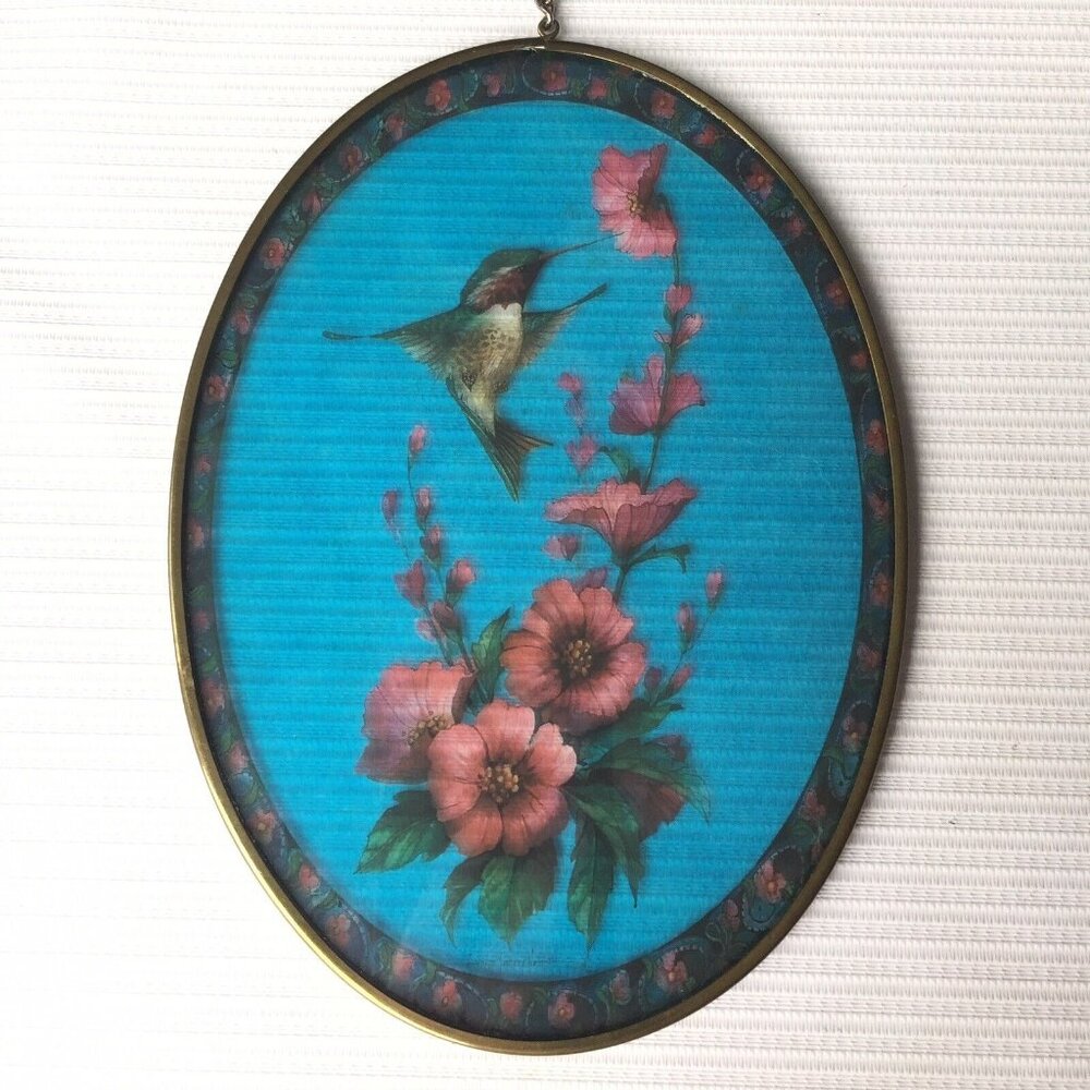 Hummingbird Floral Suncatcher Window Hanging Pink Flower Art Oval Colored Glass